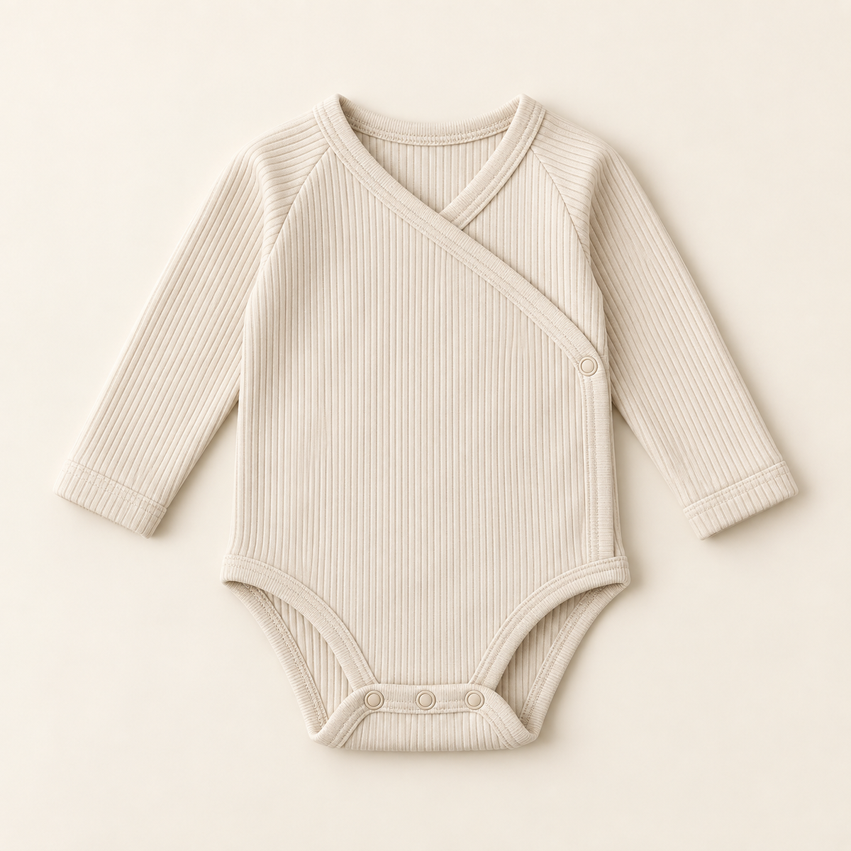 Cream ribbed cotton wrap bodysuit with a crossover front and a side snap fastening, laid flat.