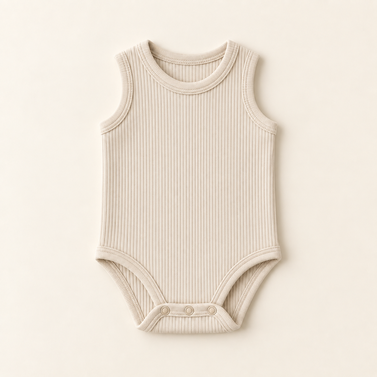 Cream fine rib sleeveless bodysuit with bound armholes and a three snap gusset, laid flat.