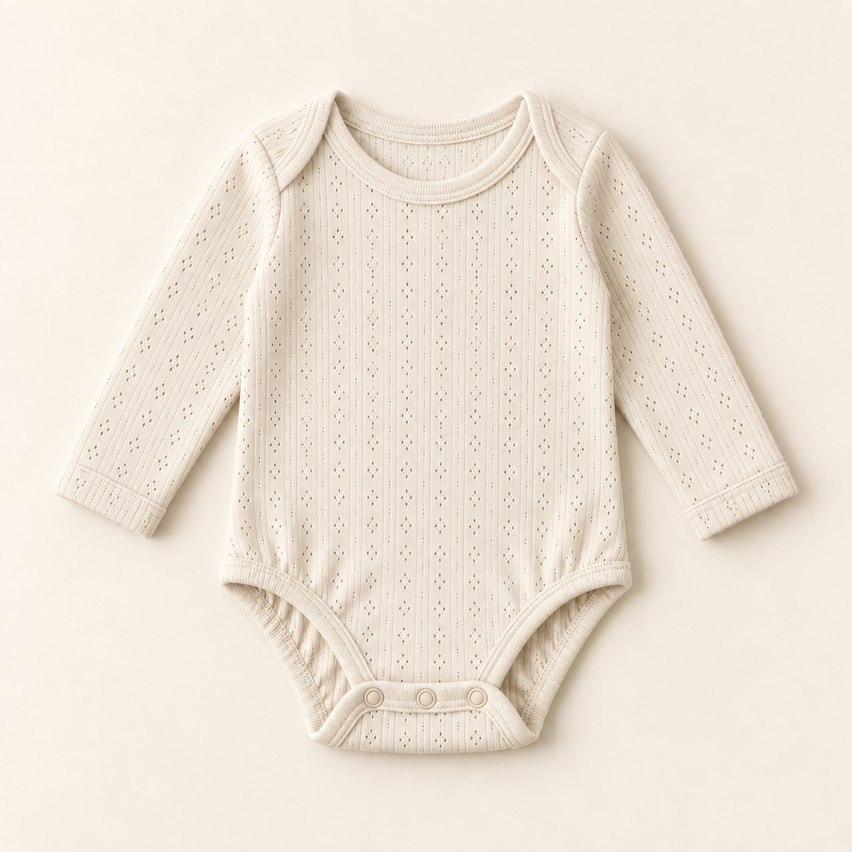 Cream pointelle long sleeve bodysuit with an openwork diamond knit and envelope neckline, laid flat.