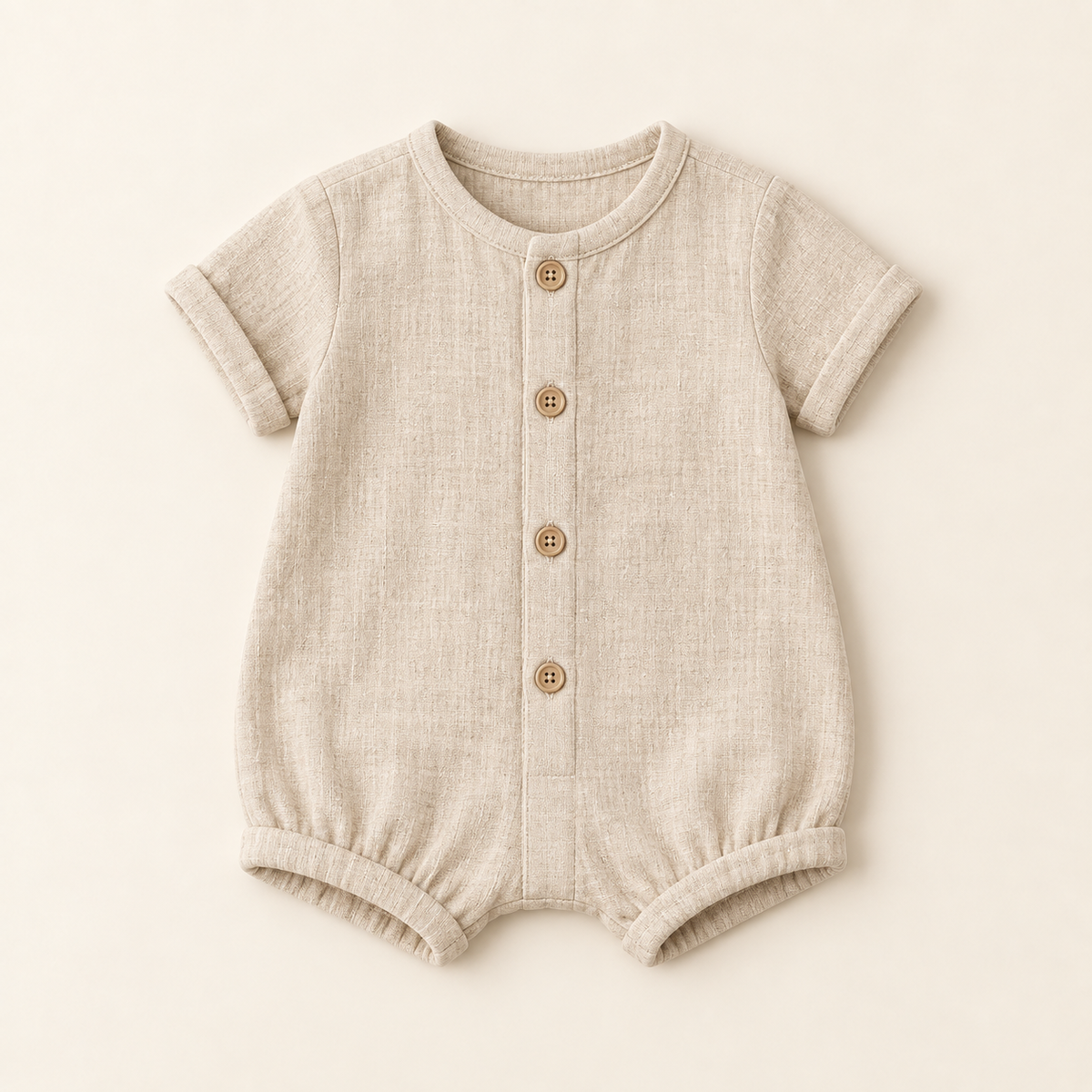 Oat linen blend short sleeve romper with a wooden button front and gathered bubble leg, laid flat.