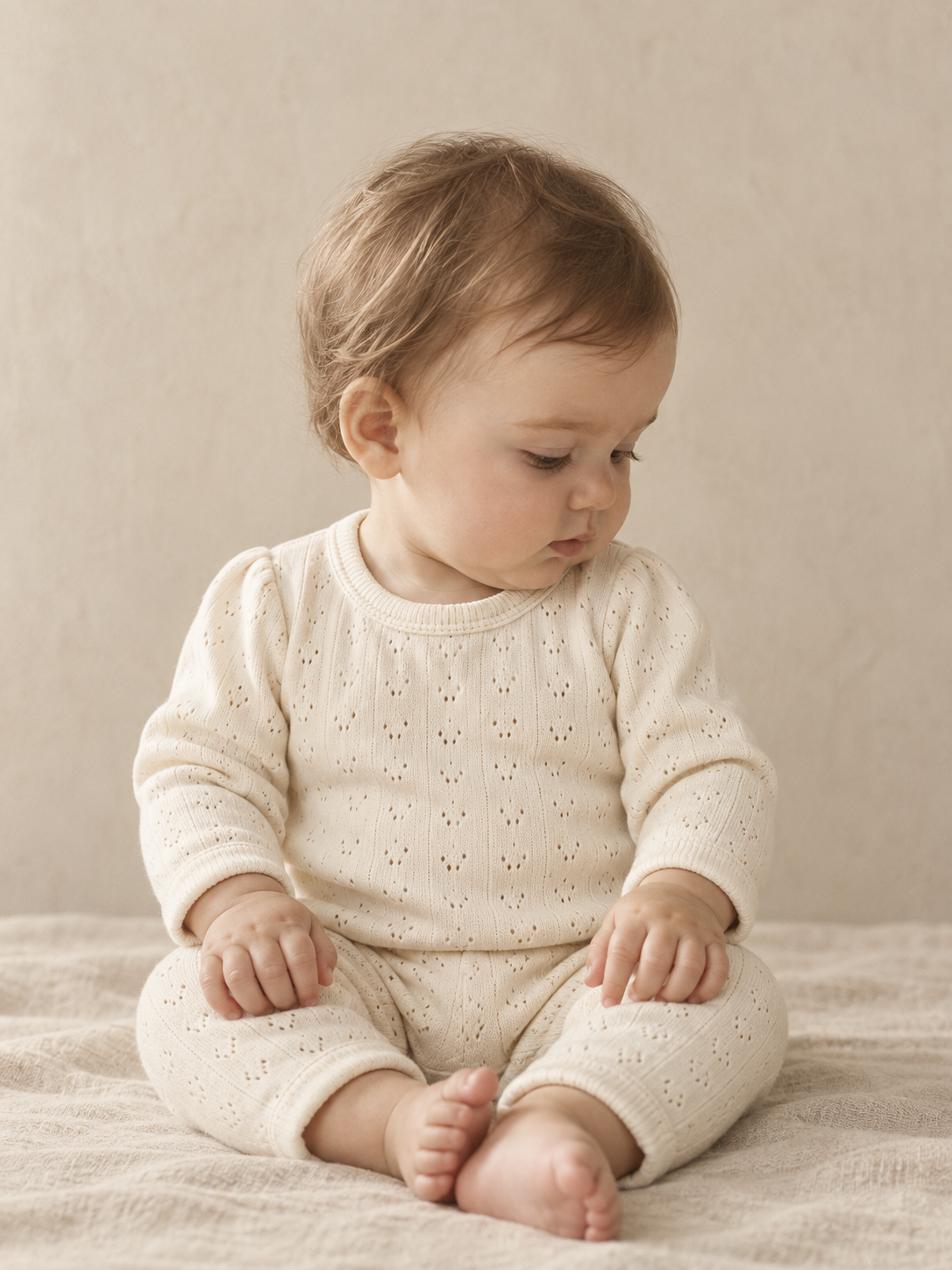 A baby seated on a linen surface wearing the cream pointelle knit two-piece set, looking down and away from the camera.