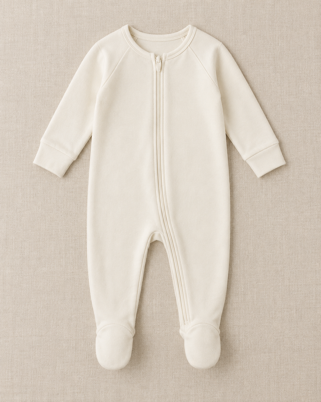 Cream footed sleep suit with long raglan sleeves and a full-length front zip, laid flat on a linen surface.